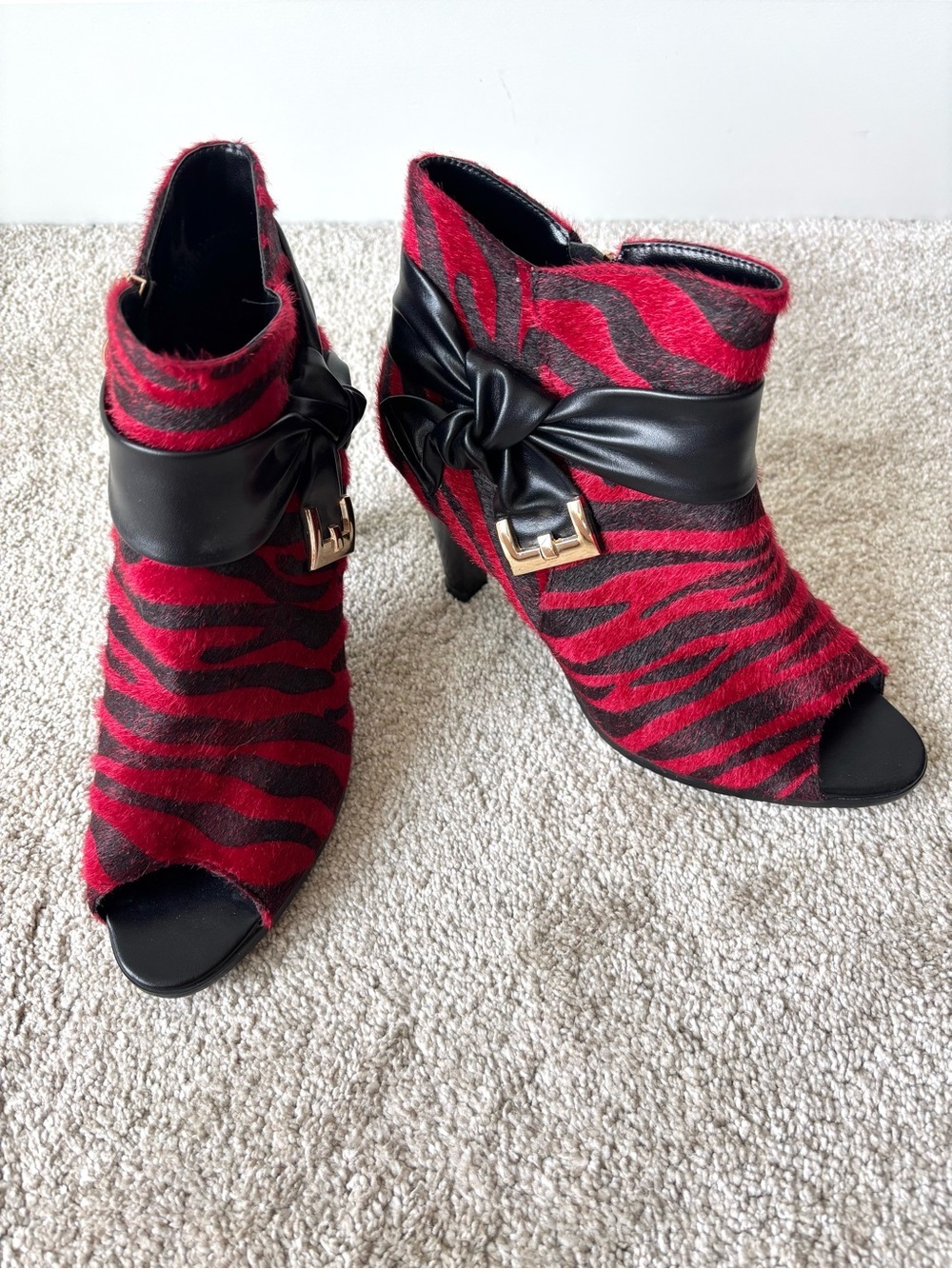 Maher Red Black Zebra Print Heeled Booties Open Tow Bow Gold Hardware Vegan